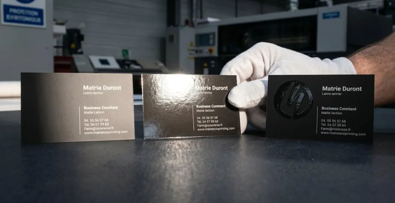Trois échantillons de cartes de visite alignés horizontalement montrant les finitions pelliculage mat, brillant et vernis sélectif sous éclairage rasant révélant les différences de texture