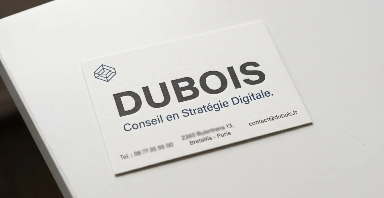 Gros plan d'une carte de visite professionnelle française au format standard montrant la hiérarchie typographique et les espaces blancs équilibrés