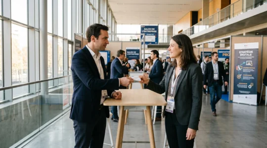 Deux professionnels échangeant une carte de visite lors d'un salon professionnel français dans un centre de congrès moderne avec lumière naturelle