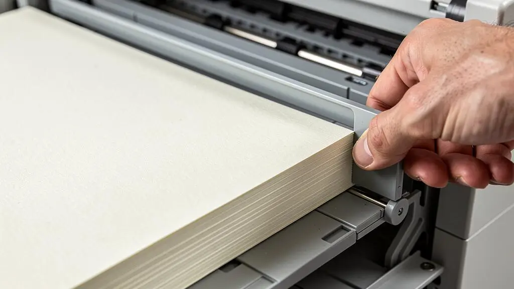 Vue rapprochée d'une pile de papier épais positionnée dans le mécanisme d'alimentation manuel d'une imprimante laser avec une main ajustant les guides