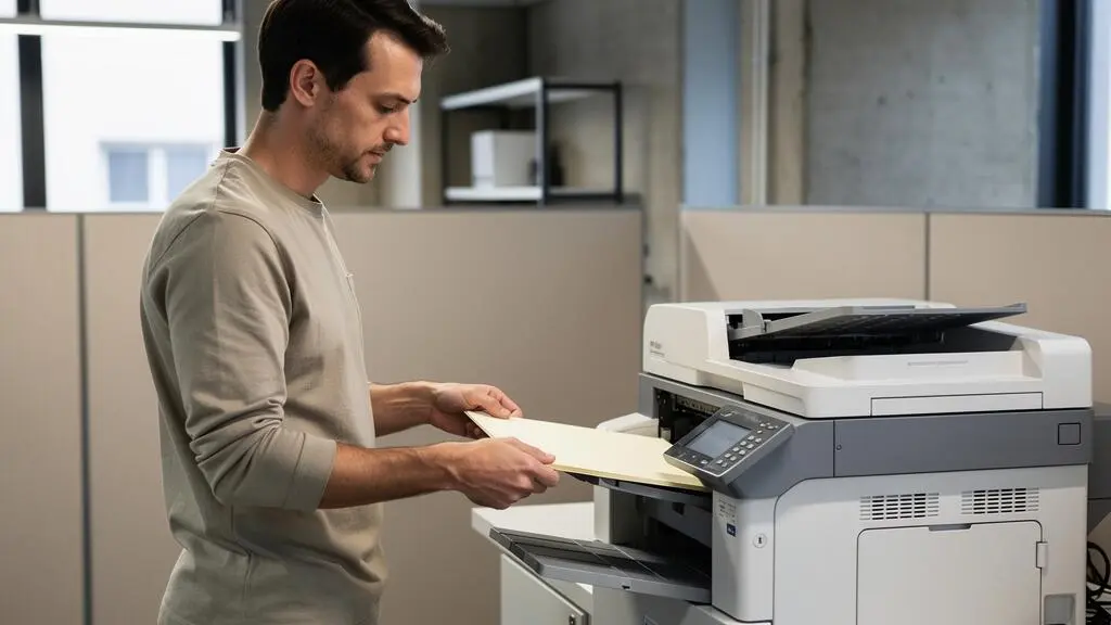 Professionnel chargeant du papier cartonné épais dans le bac d'alimentation manuel d'une imprimante laser couleur