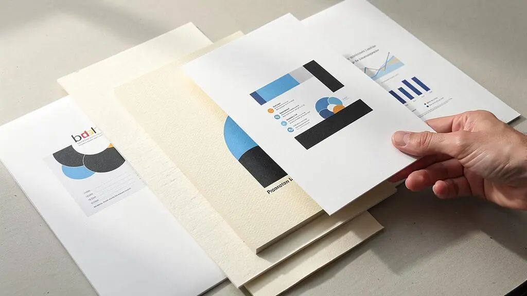 Divers échantillons de papier épais avec impressions laser couleur exposés sur une surface de travail